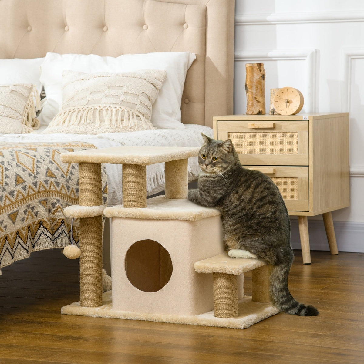 Cat Stairs Pet Steps for Couch Bed with Scratching Posts Condo Ball Toy, 23.6" x 15.7" x 26", Grey