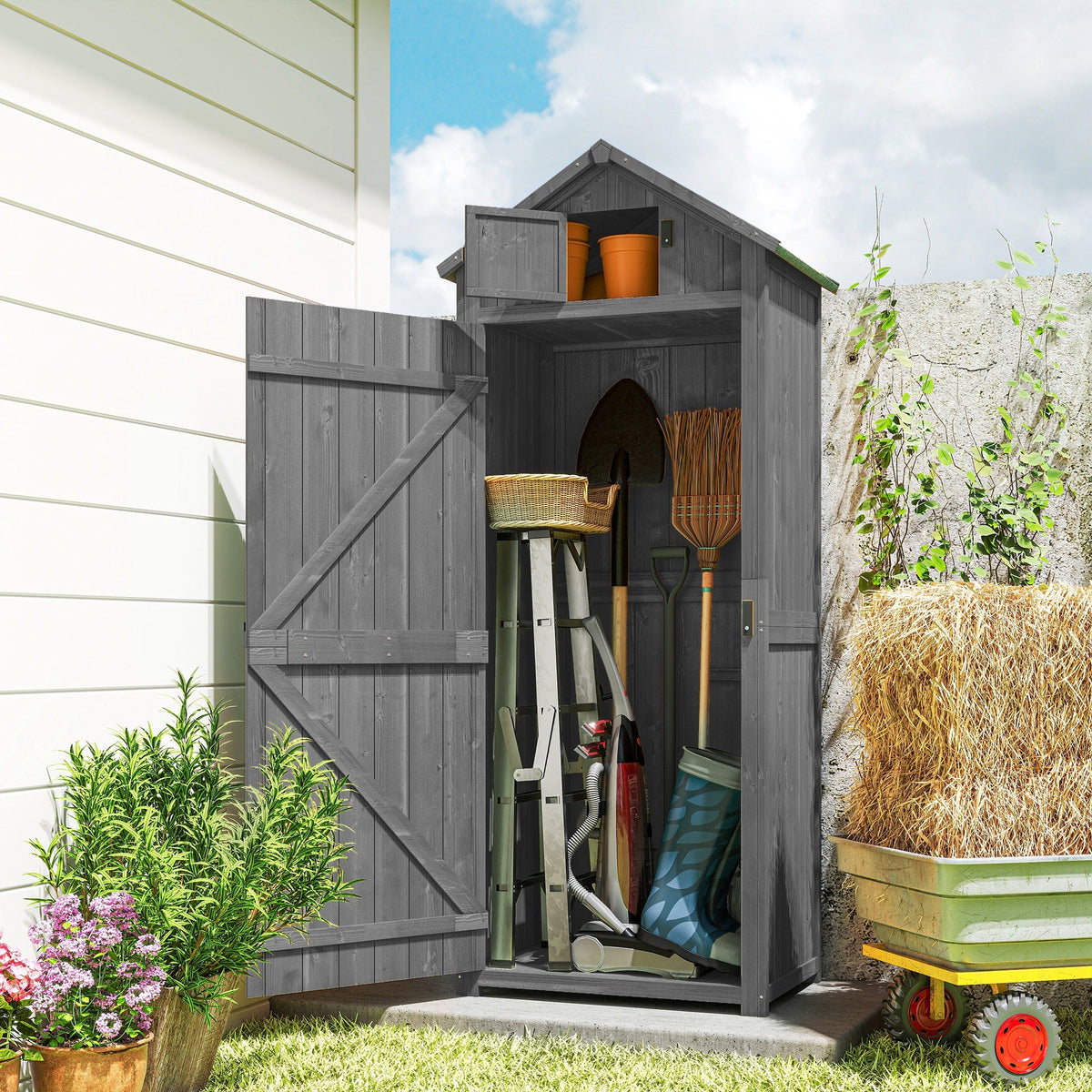 30" x 21" x 71" Garden Storage Shed, Sheds & Outdoor Storage Outdoor Workshop Yard Tool Utility Storage House Water-resistant All-weather Cover Spire Roof with 3 Tiers Shelves Grey