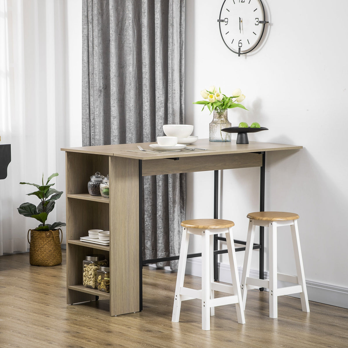 Counter Height Table with Drop Leaf, Extendable Bar Table with Adjustable Storage Shelf, Light Grey