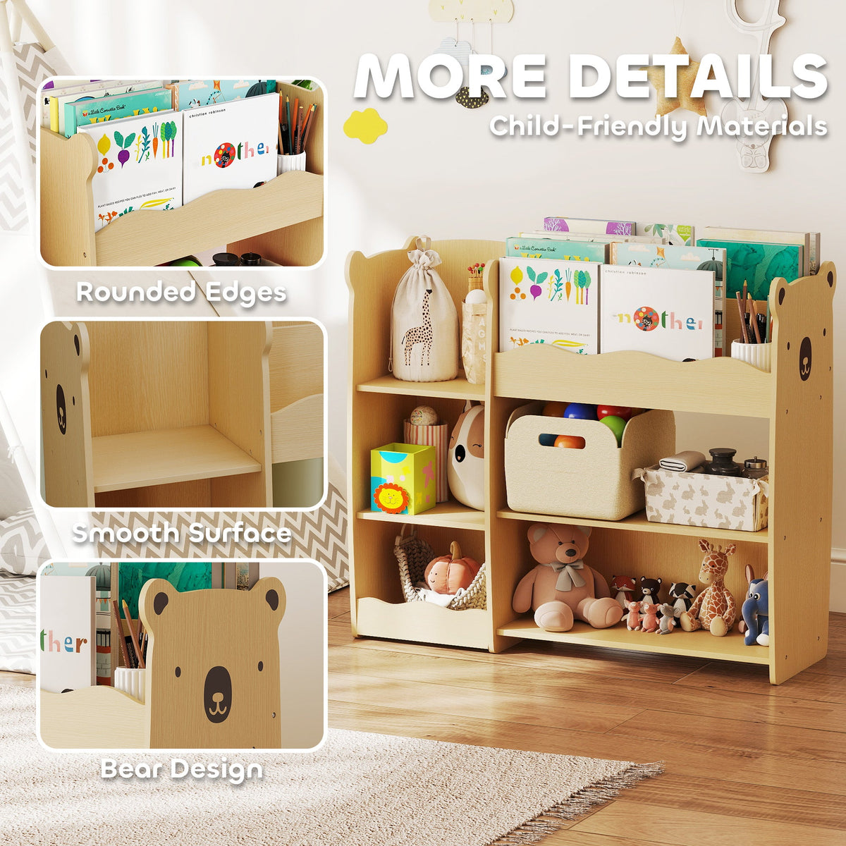 Kids Bookshelf and Toy Storage Organizer, 3 Tier Montessori Toy Organizer with Open Display for Nursery, Natural