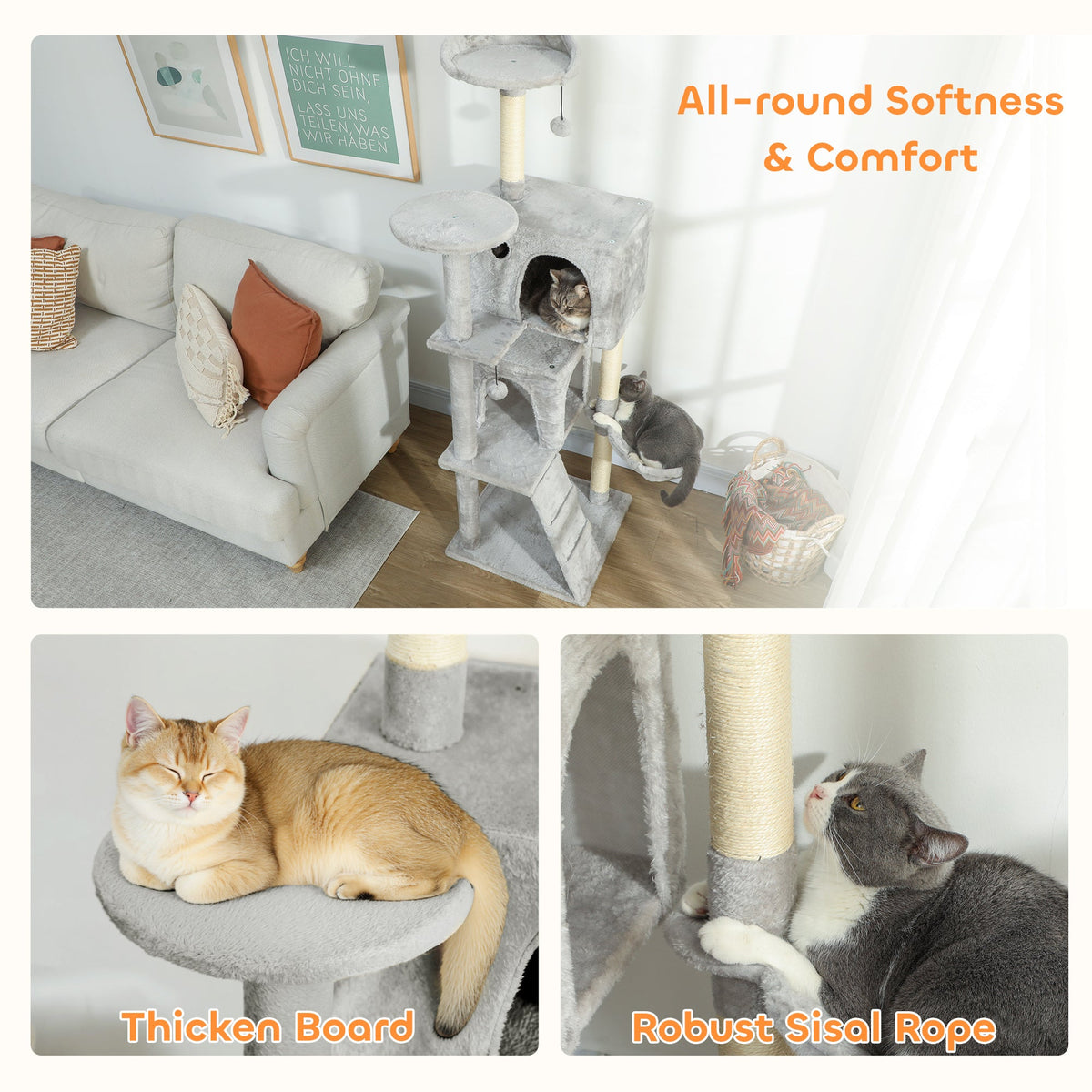 63 Inch Cat Tree with Sisal Scratching Posts, Condos, Plush Perches, Hammock, Ladder, Dangling Balls, Beige