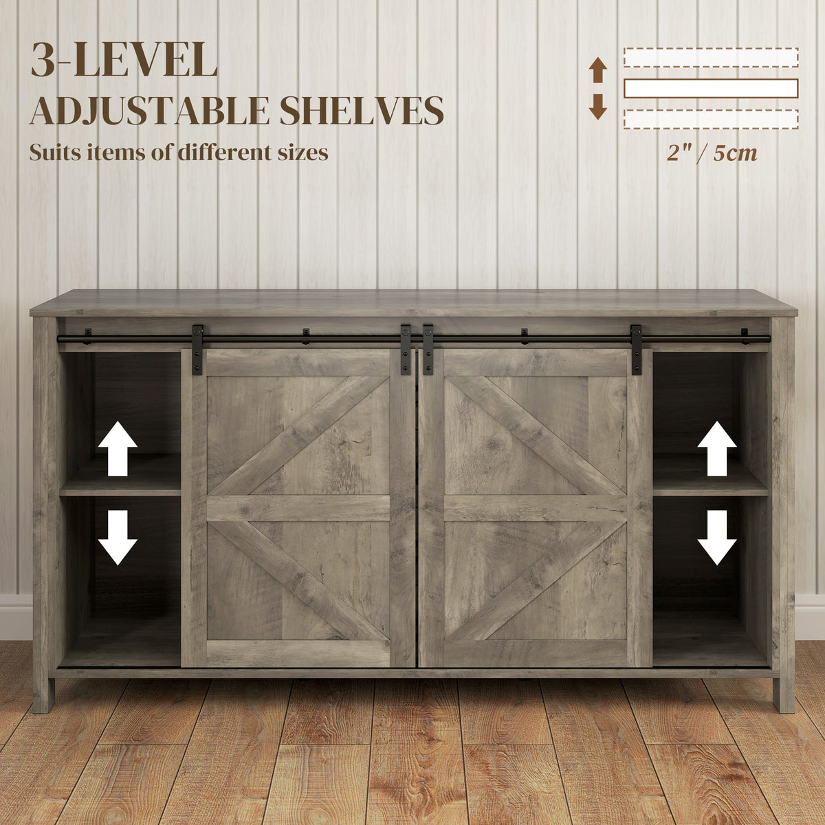60" Buffet Cabinet, Farmhouse Sideboard with Sliding Barn Doors, Drawers and Adjustable Shelves, Cream White