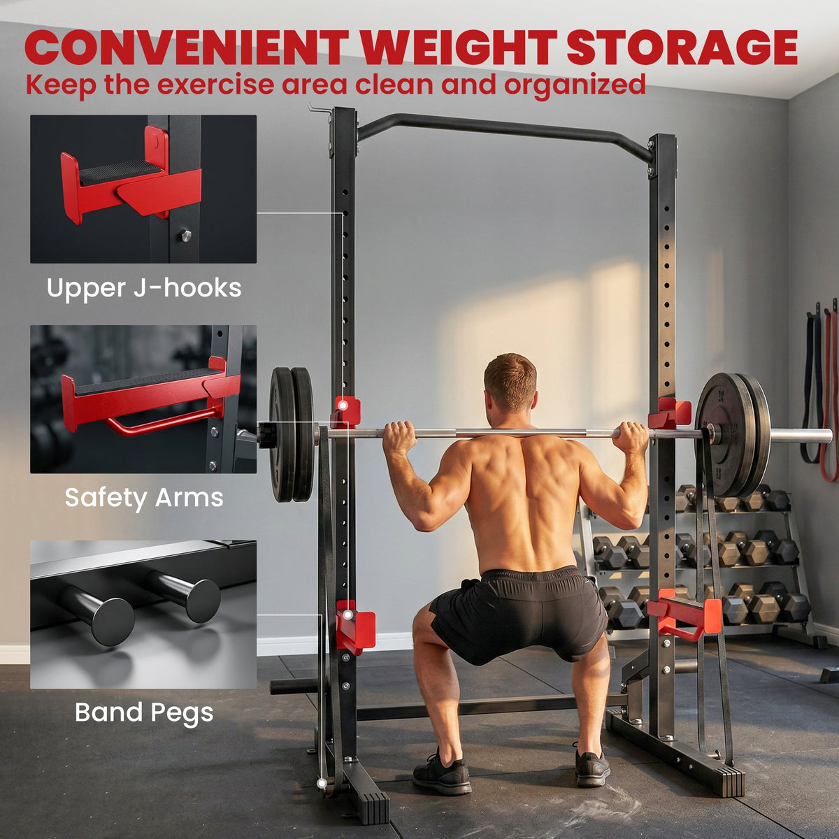 Power Cage Squat Rack, 1100LB Heavy-Duty Power Rack with Pull-Up Bar, Adjustable J-Hooks, Plates and Barbell Storage