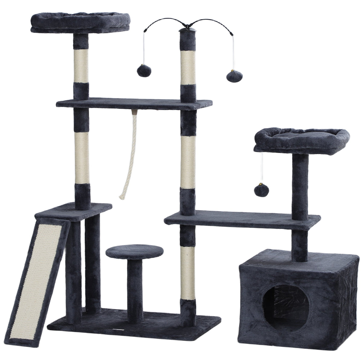 53" Cat Tree, Cat Tower with Scratching Posts, Cat Condo, Beds, Platforms, Toy Balls for Indoor Cats, Dark Grey