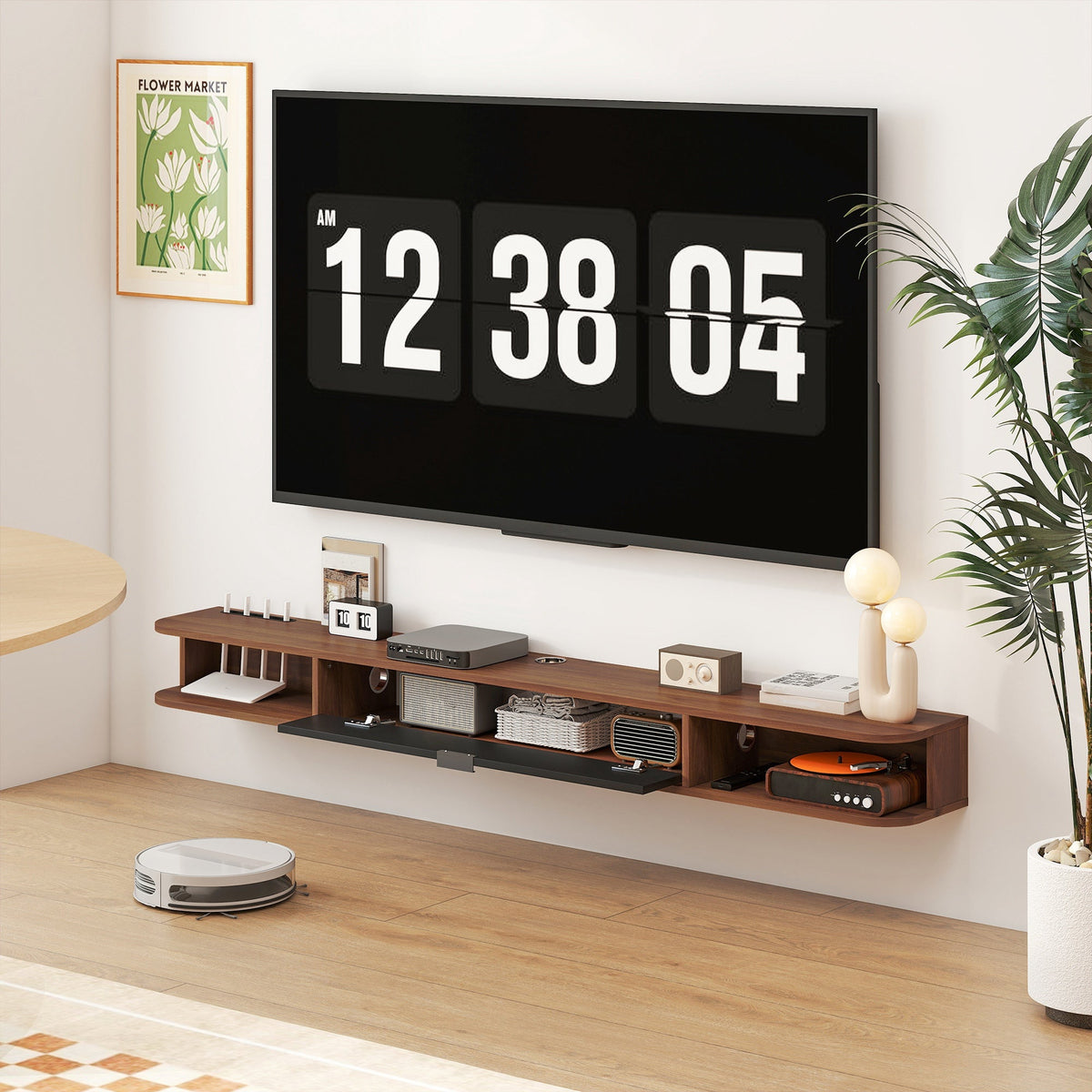 47" Floating TV Stand for TVs up to 50 Inch, Wall Mounted Media Console with Flip Drawer and 2 Open Shelves, Walnut