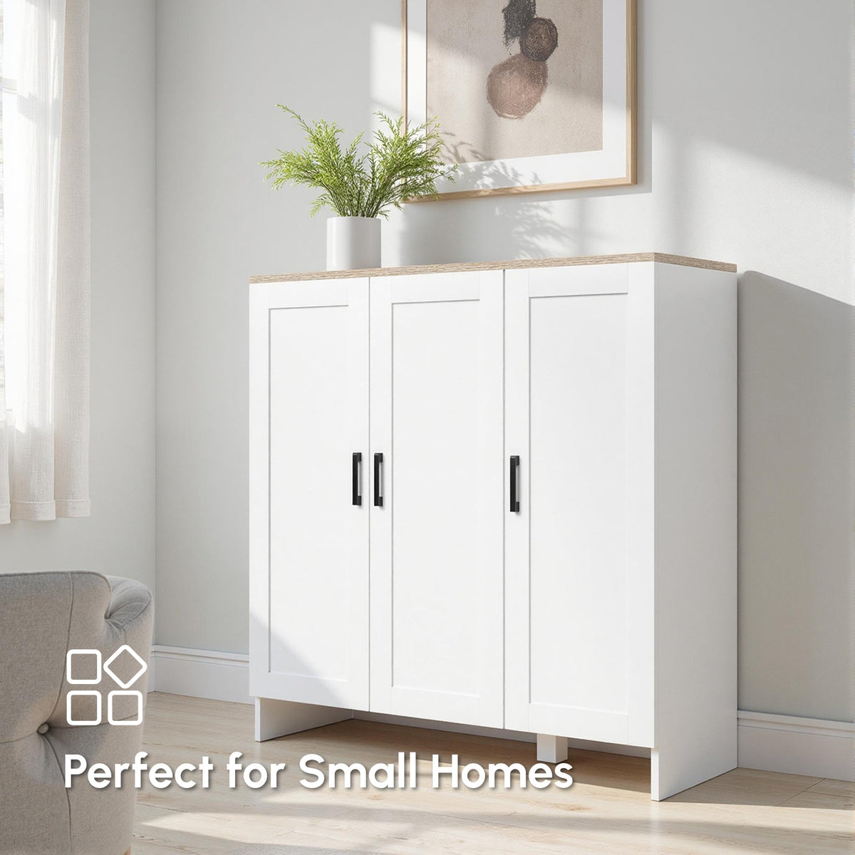 Modern Sideboard Buffet Cabinet, Modern Kitchen Storage Cabinet with 3 Doors Adjustable Shelves, for Dining Room, Black