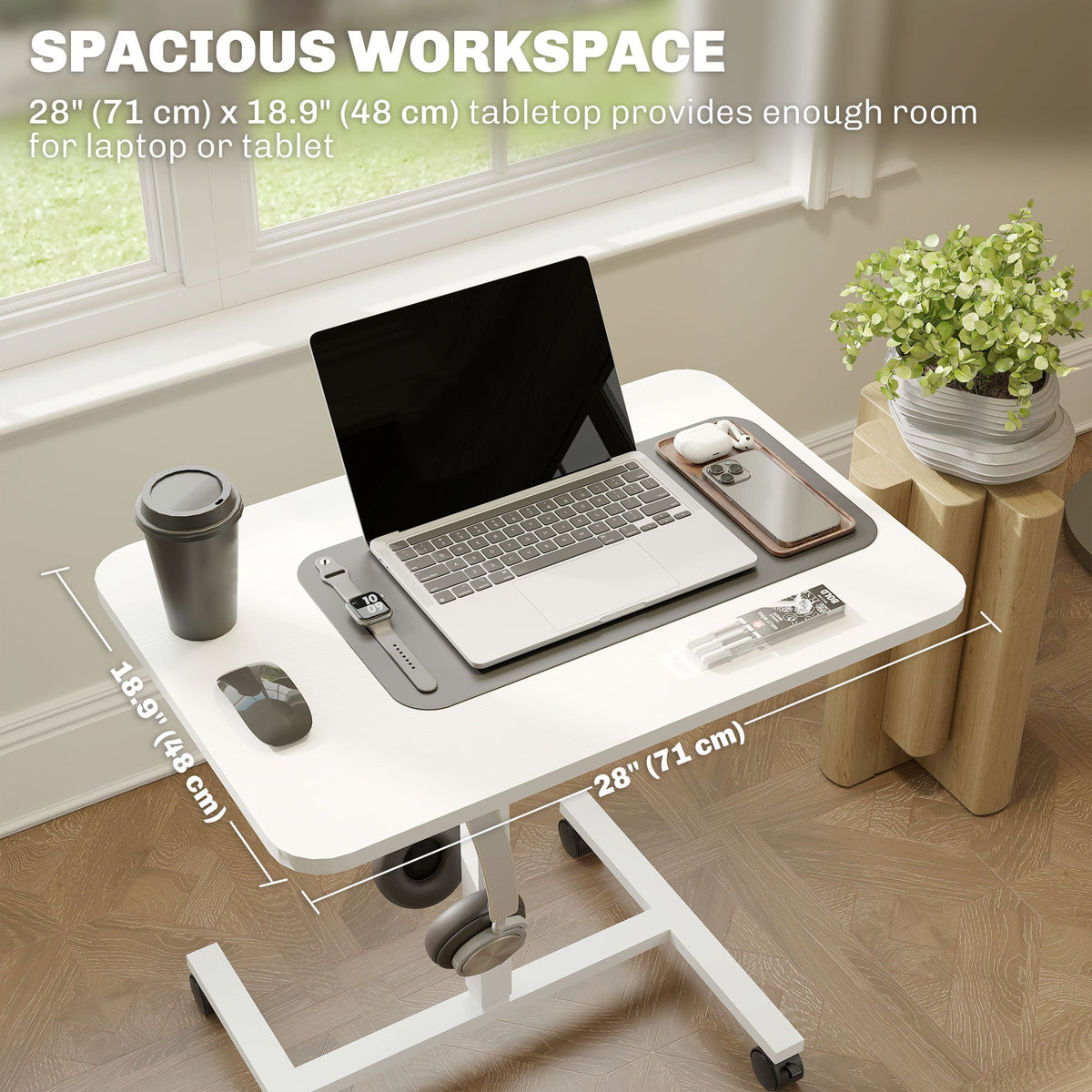 Height Adjustable Standing Desk, Pneumatic Sit Stand Desk with Wheels and Headphone Hook, Grey Wood Grain