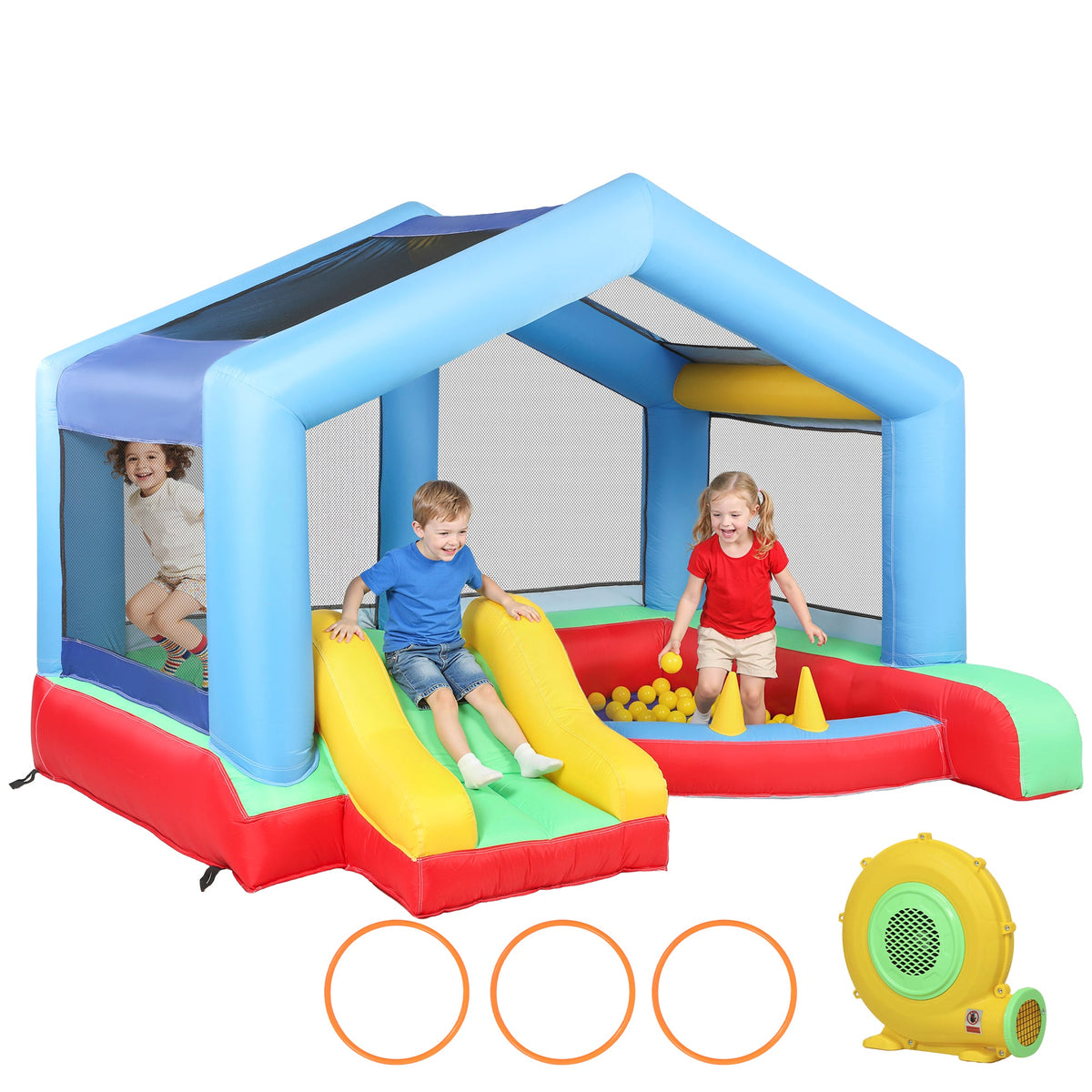 Bouncy Castle for Kids, Inflatable Bounce House with Slide, Ball Pit, Ring Toss Game, Sunshade and Blower