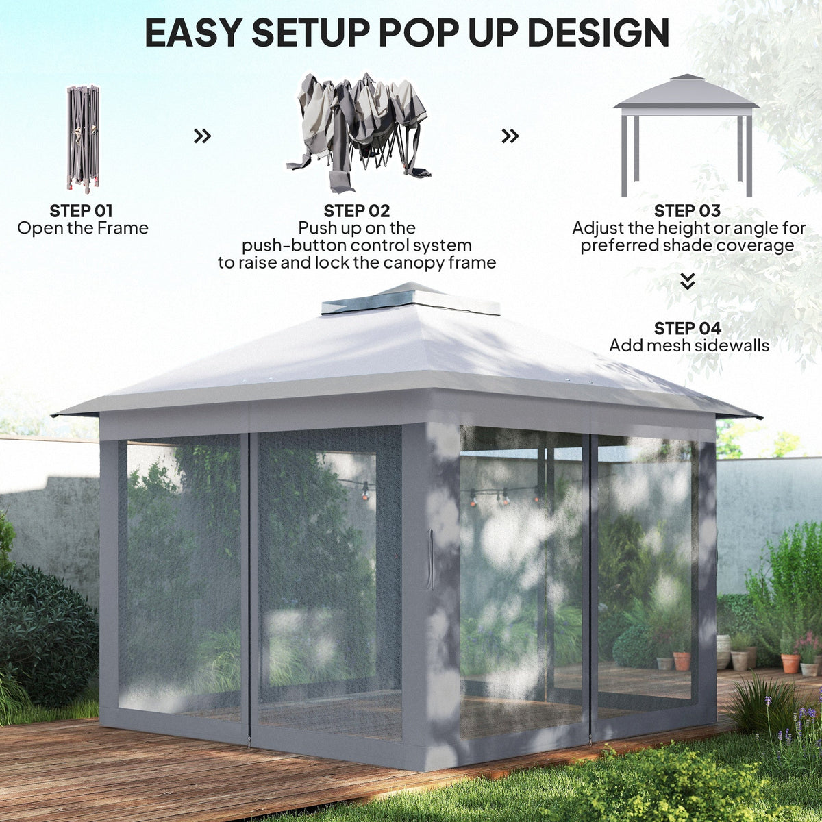 11' x 11' Pop Up Gazebo, Double Roof Foldable Height Adjustable Canopy Tent with Mesh Sidewalls, Carrying Bag, Beige