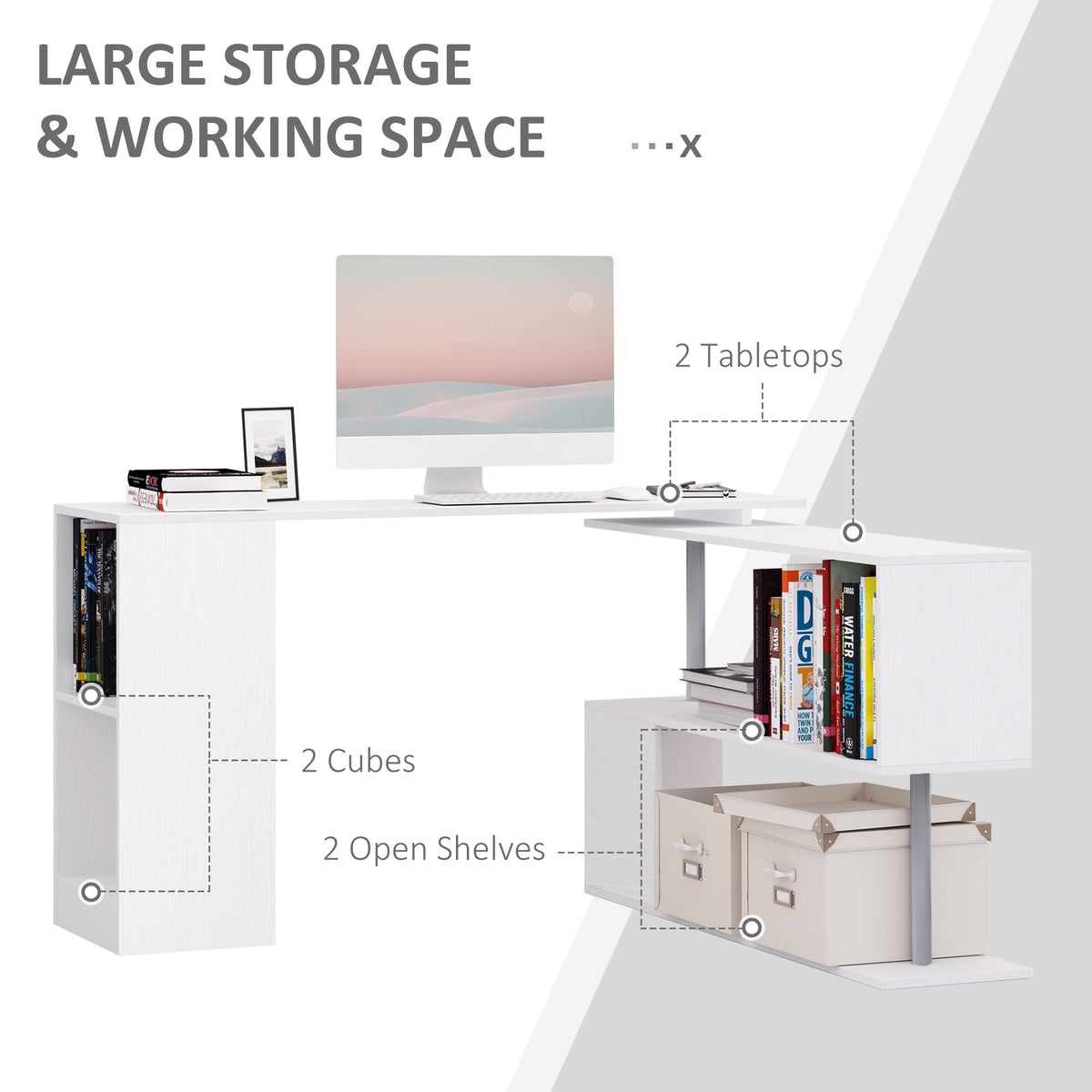 55" Corner Computer Desk, 360° Rotating L-Shaped Desk, Home Office Workstation with 3-Tier Shelves, Bookshelf, Black