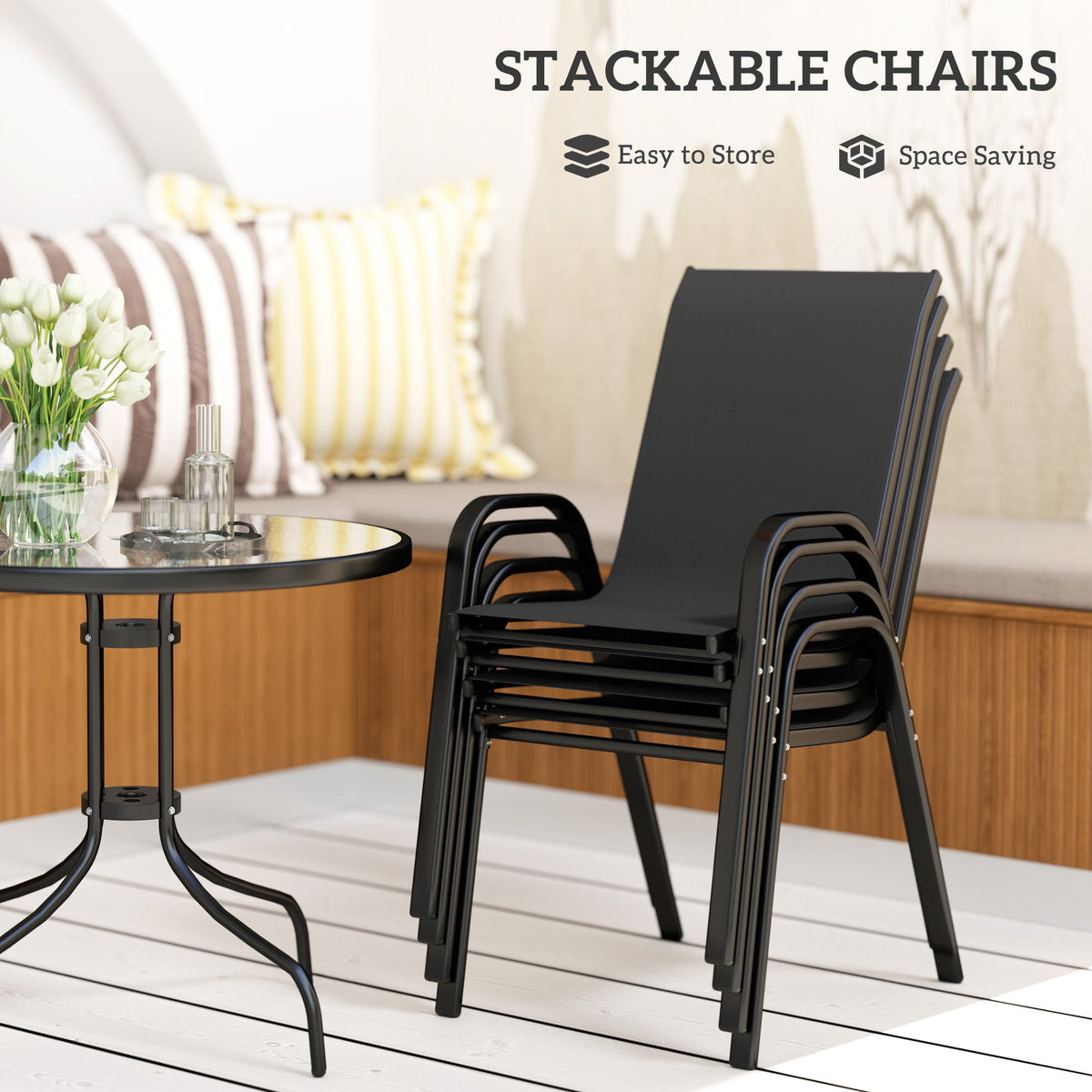 Five-Piece Steel Patio Set, with Glass-Top Table - Black