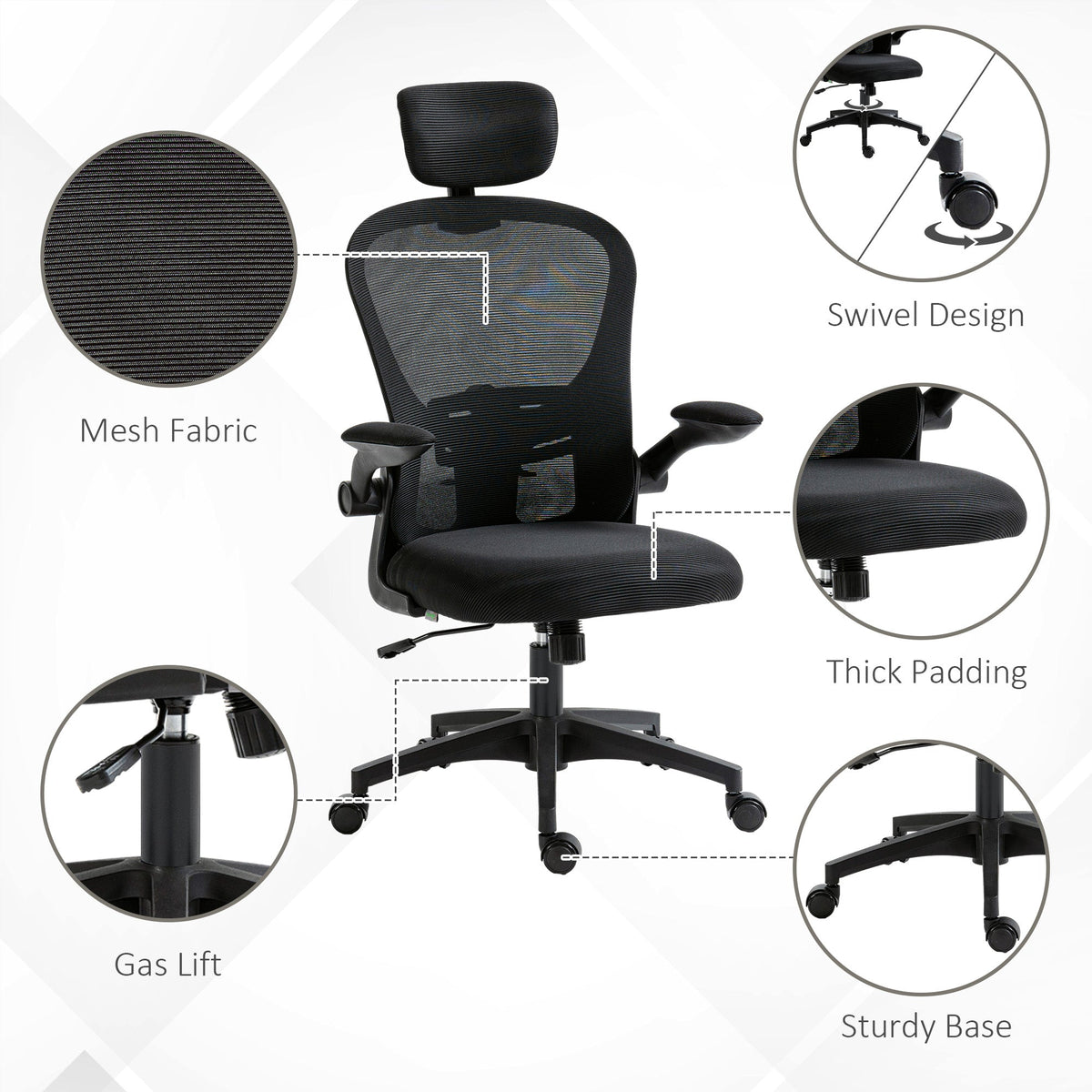 Office Chair, Mesh Computer Desk Chair with Adjustable Headrest, 4D Lumbar Support, Flip-up Arm, Grey