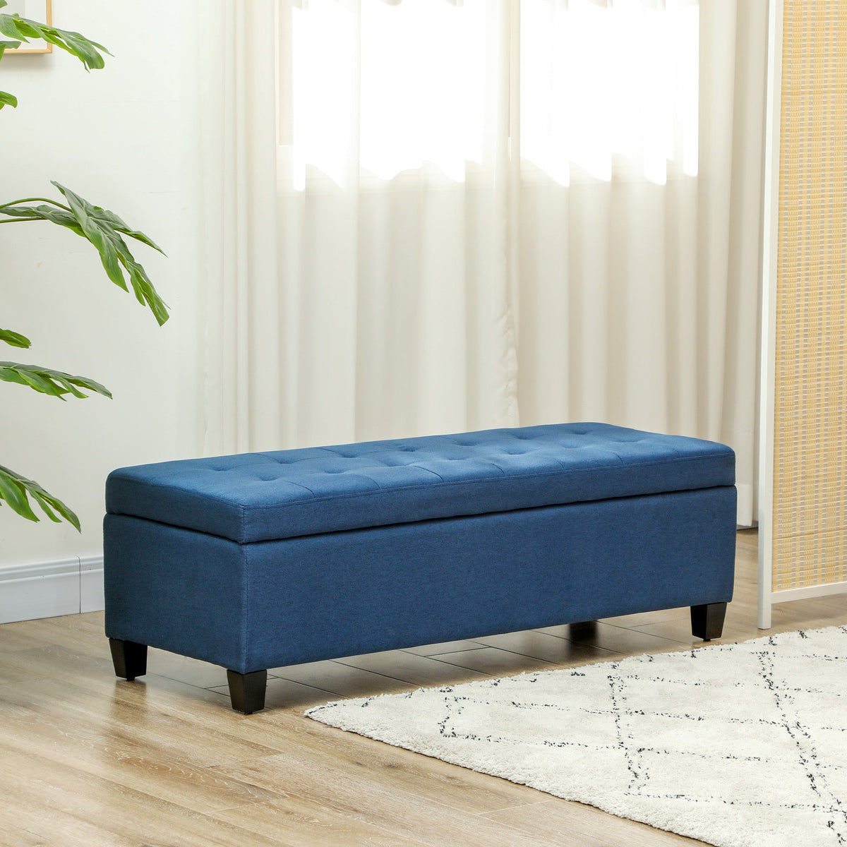 Rectangular Entry Bench, Tufted Upholstered Linen Fabric Wood Feet Storage Ottoman Bench, Beige