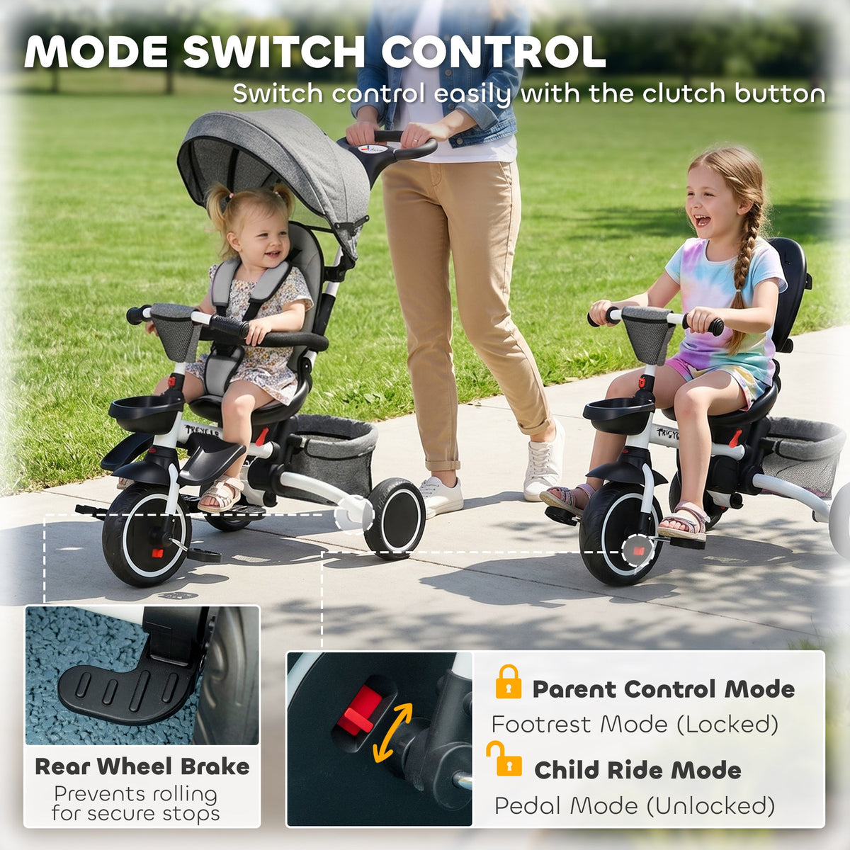Tricycle for Toddler 6-in-1 Kids Trike, Foldable Converts Stroller to Baby Push Bike, Adjustable Backrest with Detachable Guardrail & Handle, Brake for 1-4 Years Old, Grey