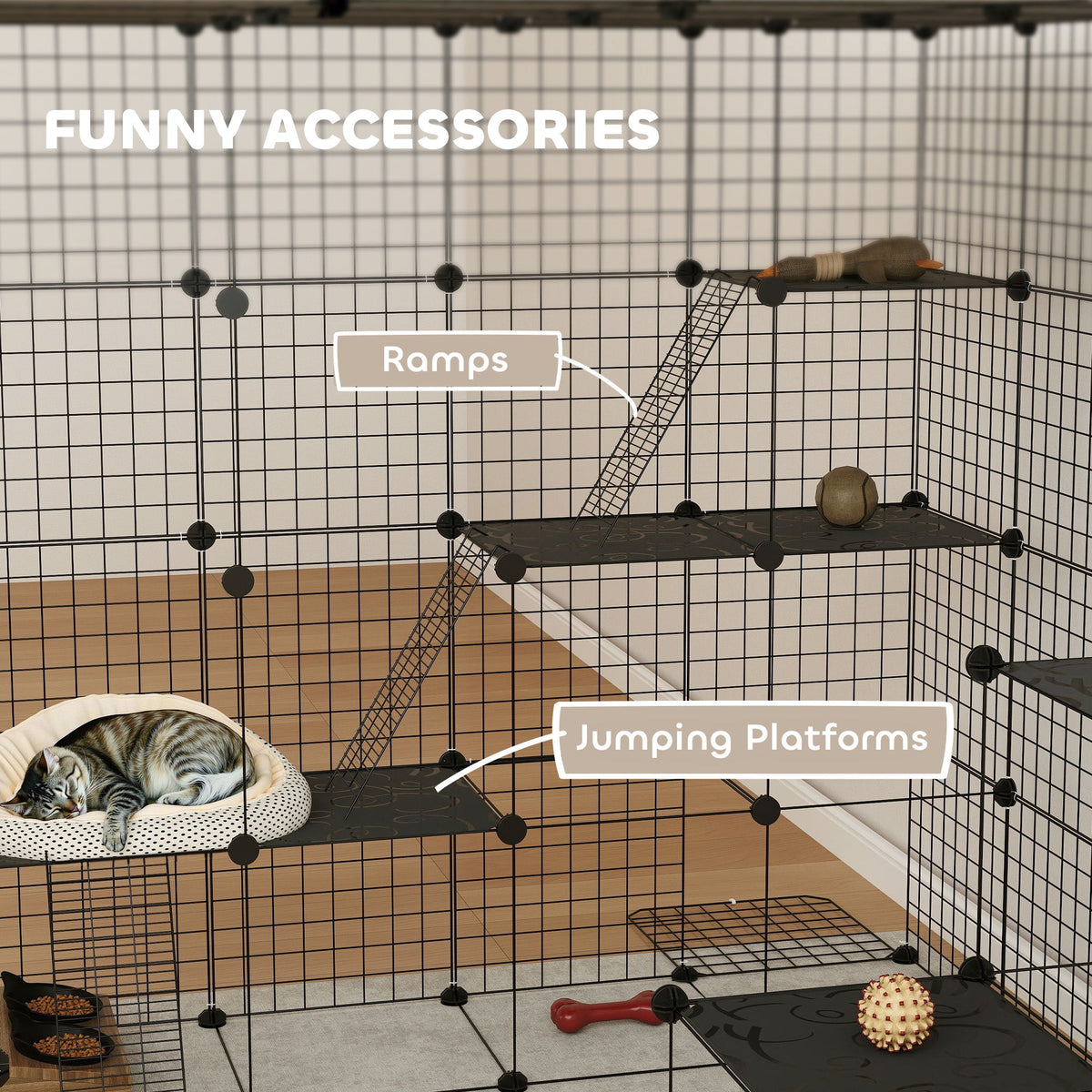 4 Tier DIY Cat Cage Indoor, Catio for 1-3 Cats with Hammock, 5 Doors, 3 Ramps, 3 Jumping Platforms, for 1-3 Cats, Black