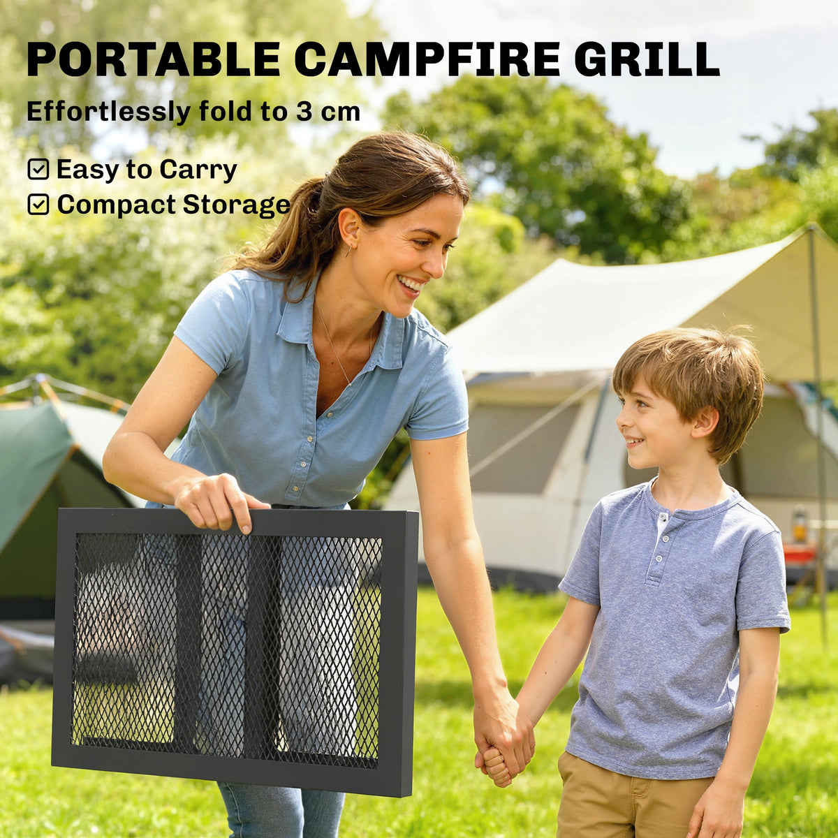 Folding Campfire Grill, 22" x 12" Heavy Duty Carbon Steel Grill Grate with Folding Legs, Black