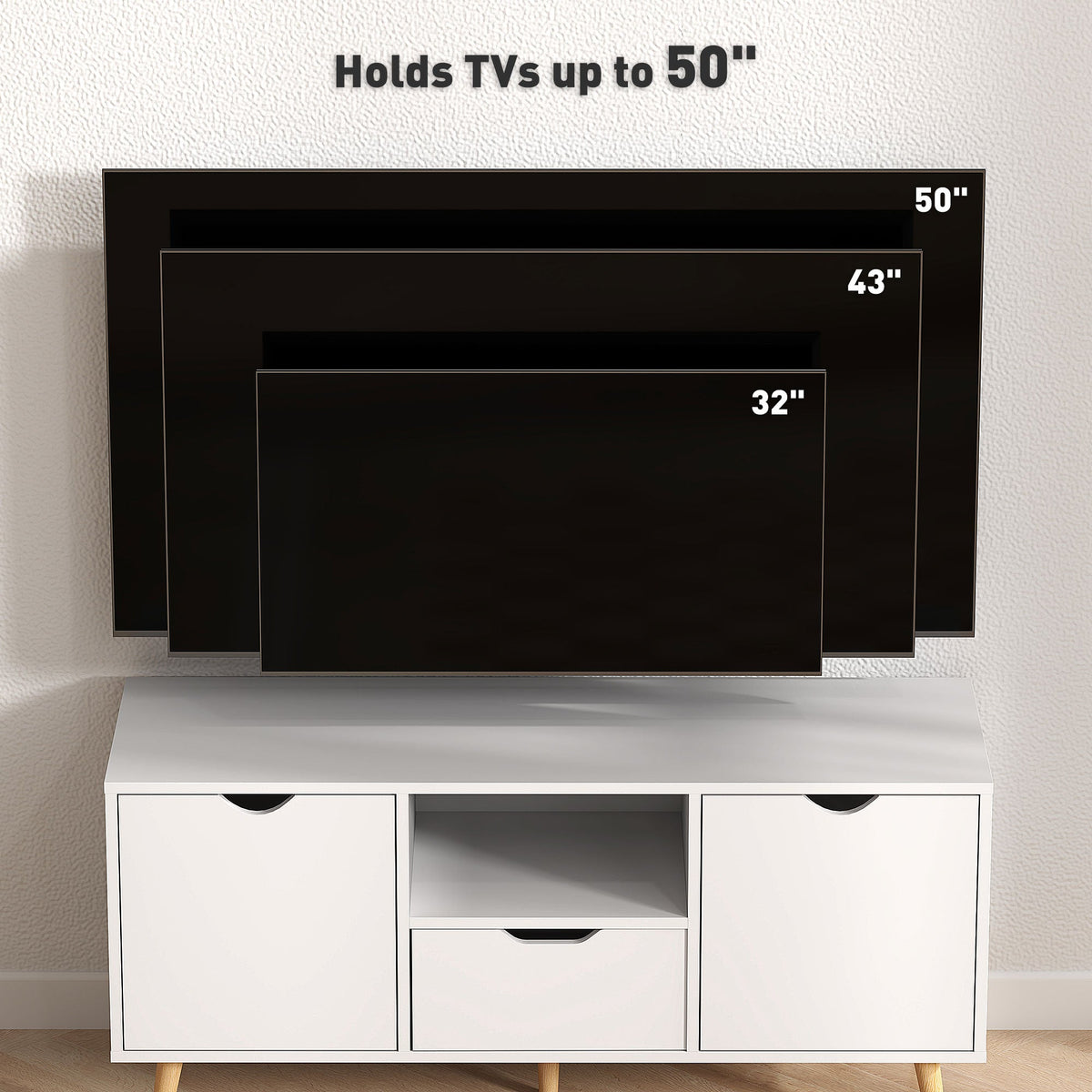 TV Stand with Storage for up to 50" TV, Modern TV Table with Open Shelf, Drawer and 2 Cabinets, White