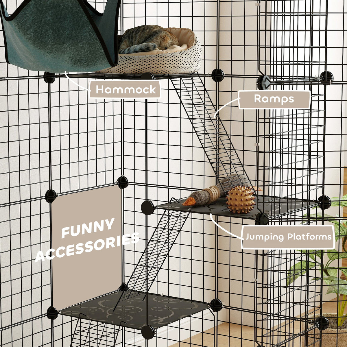 4 Tier DIY Cat Cage Indoor, Catio for 1-3 Cats with Hammock, 5 Doors, 3 Ramps, 3 Jumping Platforms, for 1-3 Cats, Black