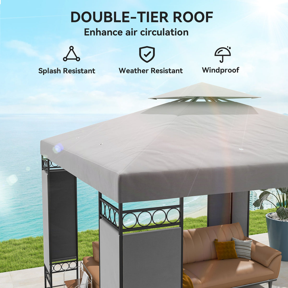 10 x 10 FT Canopy Gazebo, Double Roof Patio Gazebo with Screen Panels and Metal Frame for Deck, Backyard, Khaki