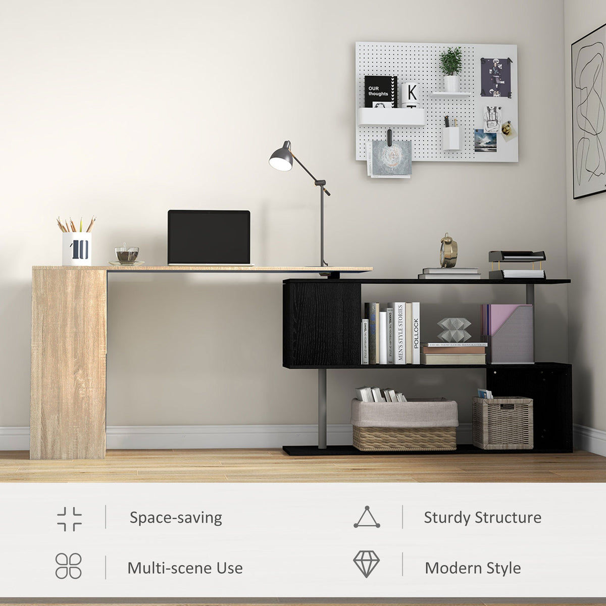 55" Corner Computer Desk, 360° Rotating L-Shaped Desk, Home Office Workstation with 3-Tier Shelves, Bookshelf, Black