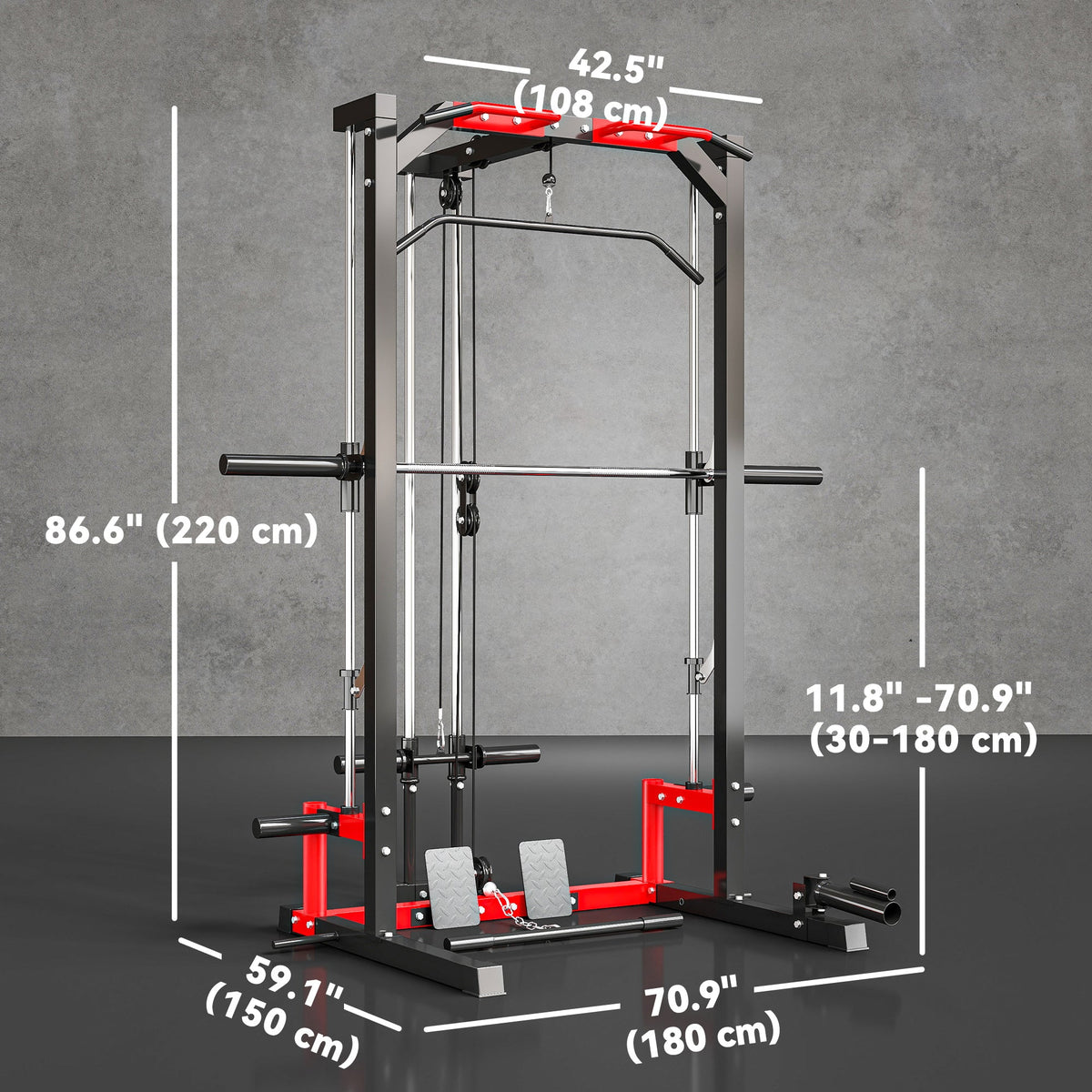 Smith Machine Power Rack with Pull Up Bar, Lat Pull Down System, Landmine, Squat Rack, Barbell Bar, for Home Gym