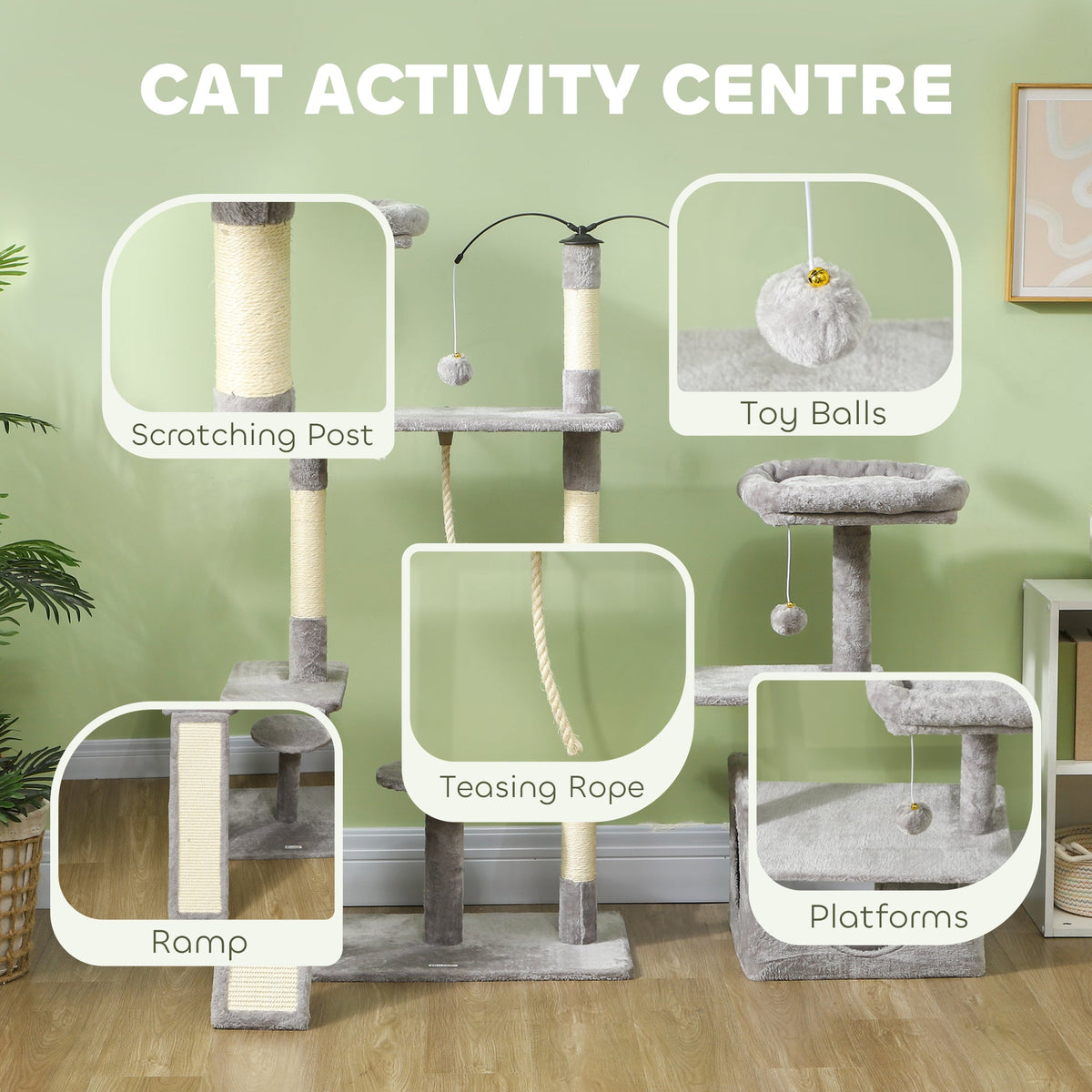 53" Cat Tree, Cat Tower with Scratching Posts, Cat Condo, Beds, Platforms, Toy Balls for Indoor Cats, Dark Grey