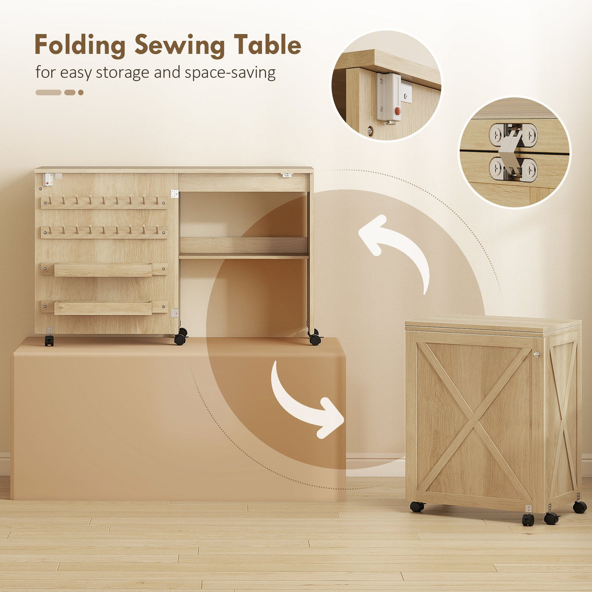 Sewing Machine Table on Wheels, Folding Craft Table with 2 Bins, Storage Shelf, 18 Pegs, Lockable Wheels, Brown