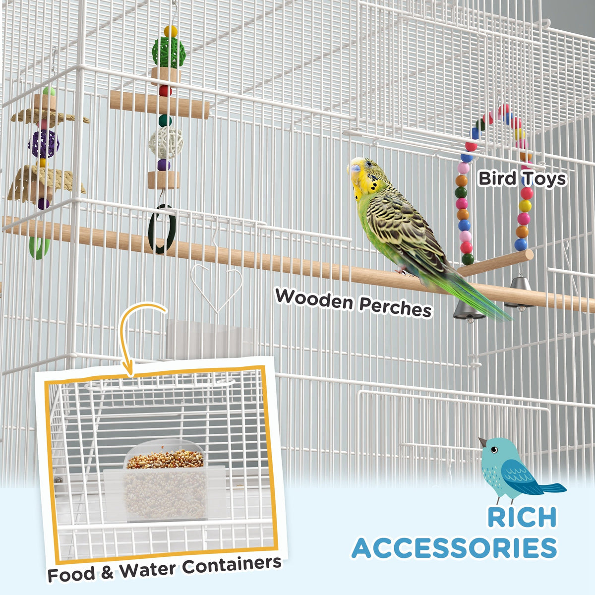 52" Bird Cage with Rolling Stand, Toys, for Budgies Canaries Black