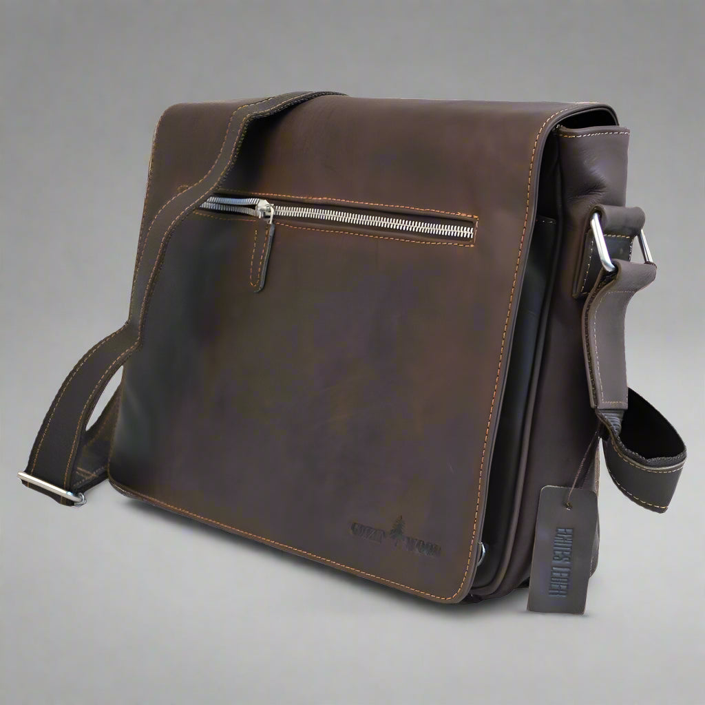 Greenwood Leather Laptop Bag. Premium Waxed Pull-Up Leather Messenger Bag