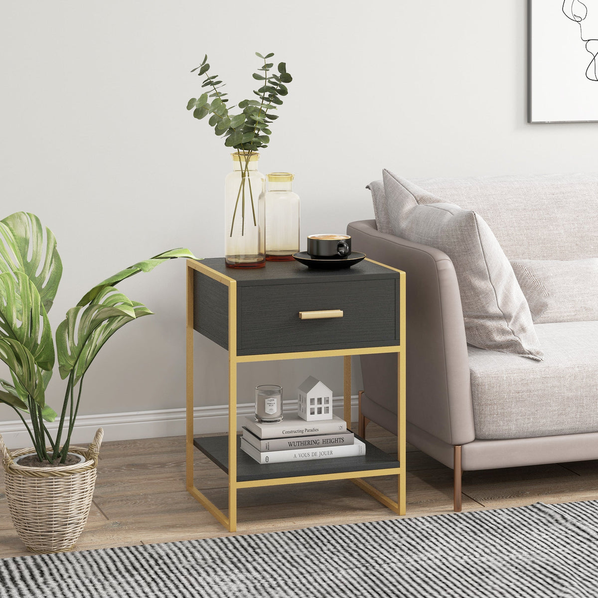 Nightstand Set of 2, Modern Bedside Table with Drawer and Shelf, Bedside Cabinets for Bedroom, White