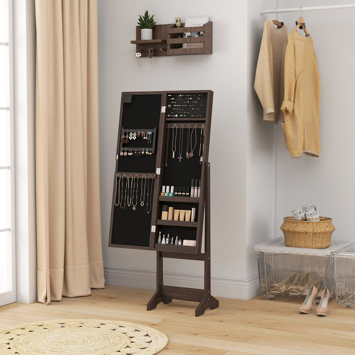 Free Standing Armoire Organizer, Lighted Mirrored Jewelry Cabinet w/ Angle Adjustable & 16 LED Lights Warm White