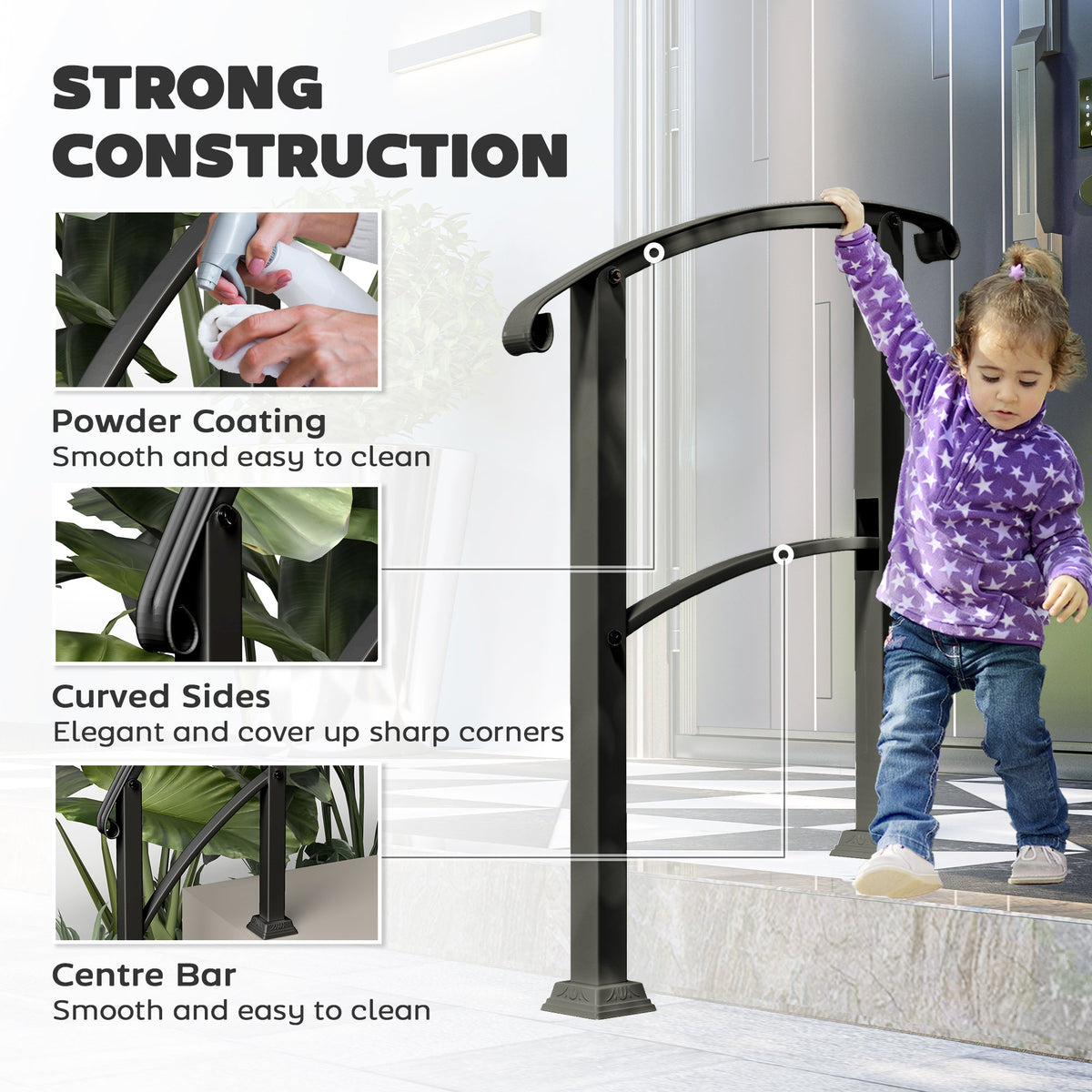 2-3 Step Handrails for Outdoor Steps, Metal Outdoor Stair Railing, Porch Deck Railing with Installation Kit, Black
