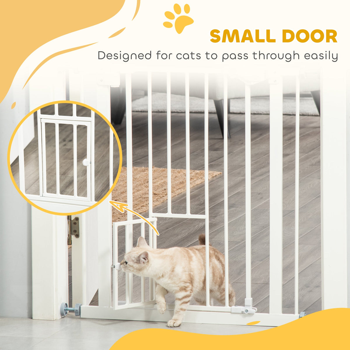 Retractable Gate Extra Wide Press-Mounted with Cat Door, Auto Closing Pet Gate for Stair, Hallway, 29-32 Inch