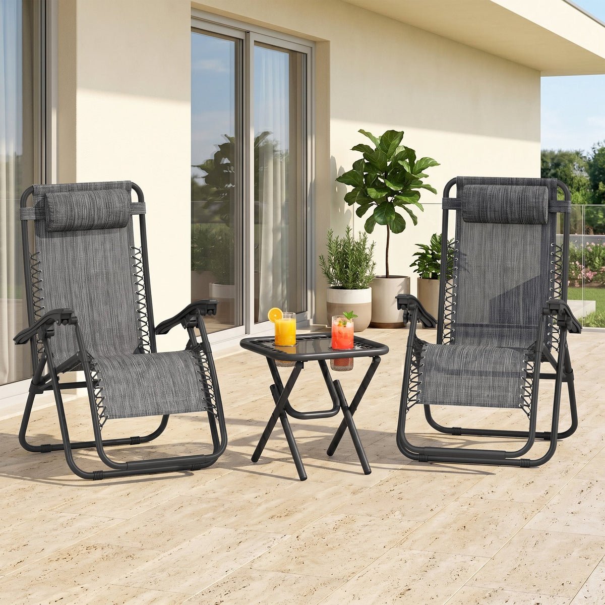 Zero Gravity Chair Set of 2 Patio Chair with Side Table Cupholders and Pillows for Pool, Backyard, Lawn, Black