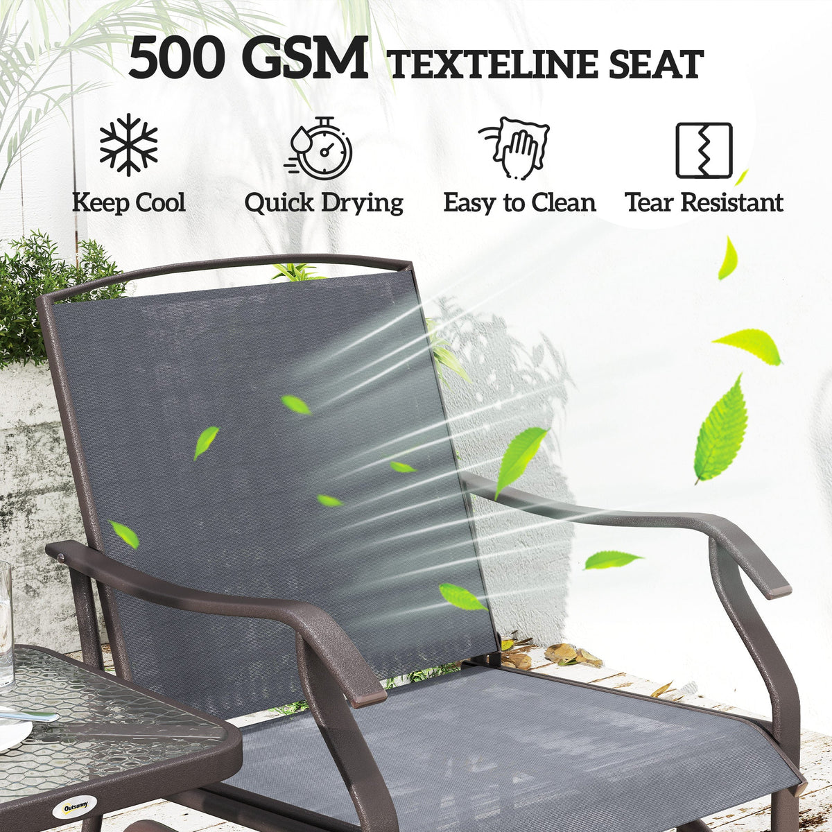 3 Piece Patio Glider Set Outdoor Gliders with Breathable Mesh Seat, Glass Top Table for Garden, Yard, Grey