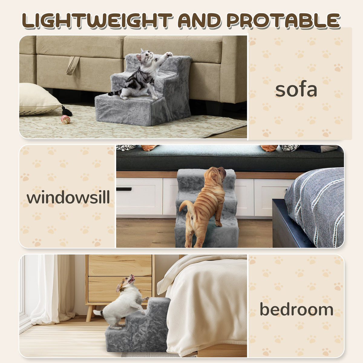 4-Step Dog Ramp for Sofa, Bed, and Couch, with Removable Cover, Light Grey