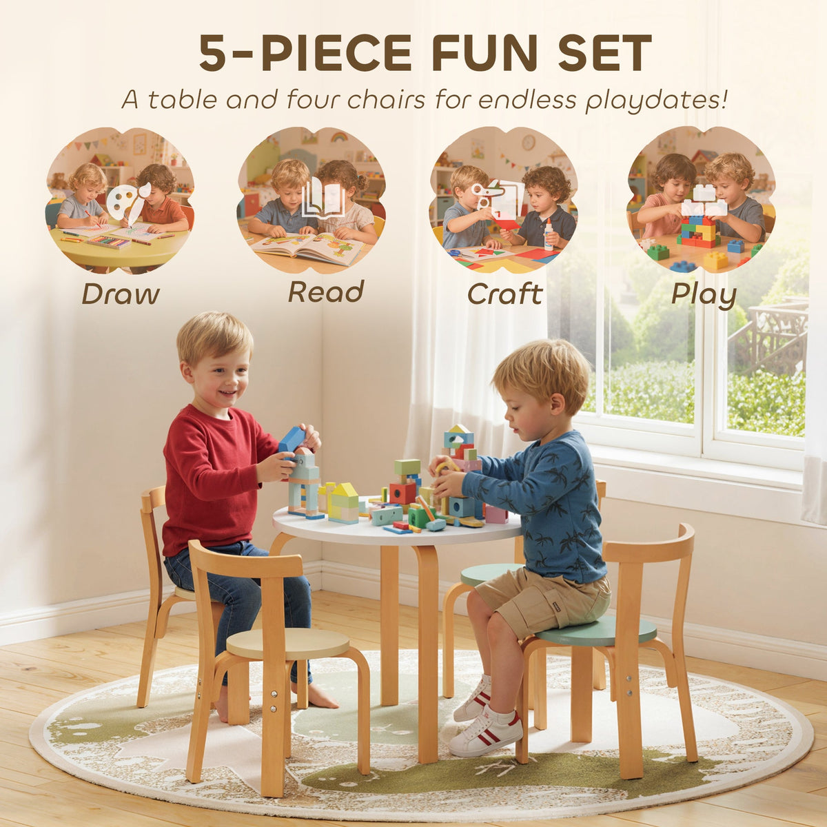 Wooden Kids Table and Chairs Set, Toddler Table and Chairs Set for 3-8 Years, Green