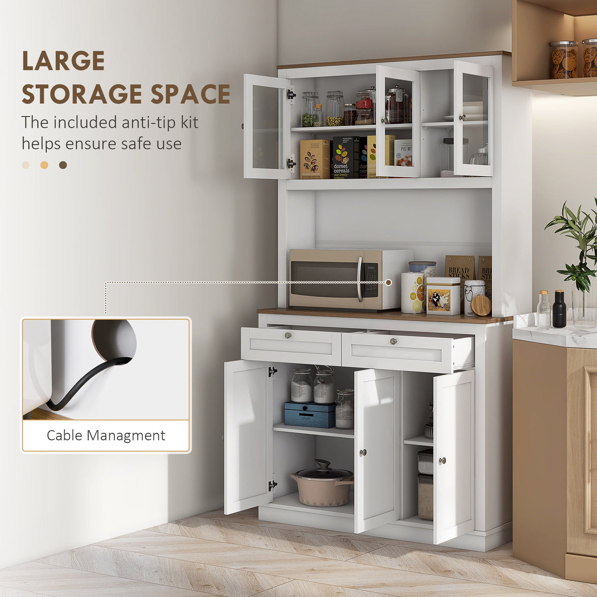 71" Pantry Cabinet with Microwave Space, Buffet with Hutch, 2 Drawers, Adjustable Shelves and Glass Doors, Blue
