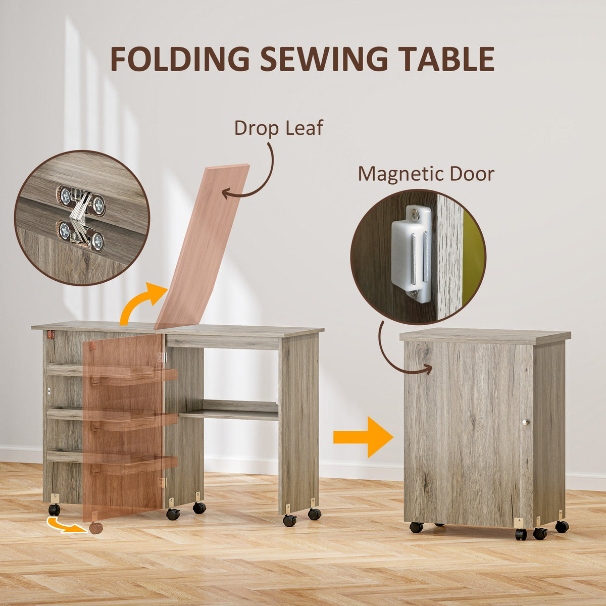 Sewing Machine Cabinet, Folding Sewing Table with Storage Shelf, Bins and Lockable Wheels for Small Space, Brown