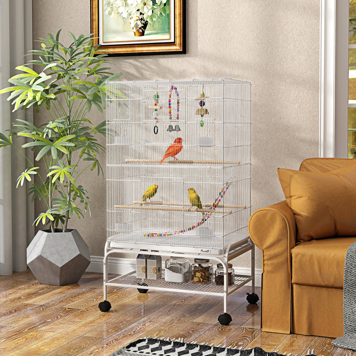 52" Bird Cage with Rolling Stand, Toys, for Budgies Canaries Black
