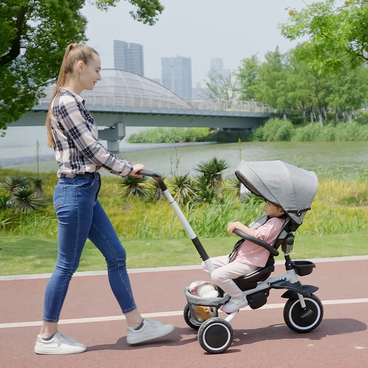 Tricycle for Toddler 6-in-1 Kids Trike, Foldable Converts Stroller to Baby Push Bike, Adjustable Backrest with Detachable Guardrail & Handle, Brake for 1-4 Years Old, Grey