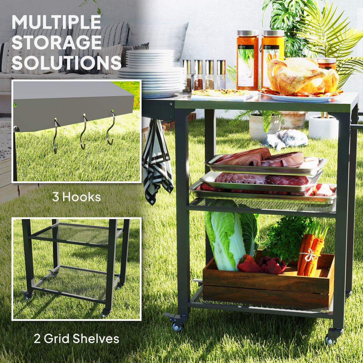 3-Shelf Outdoor Grill Cart Table with Side Handle, Stainless Steel Pizza Oven Stand on Wheels, Black