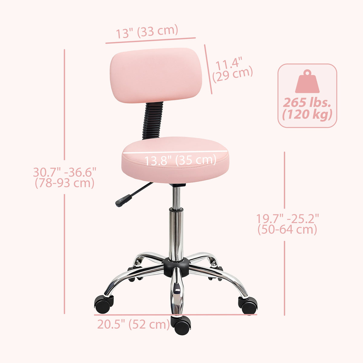 Adjustable Rolling Stool with Removable Backrest, Faux Leather Swivel Stool Chair for Salon Spa, Bar, Massage, Black
