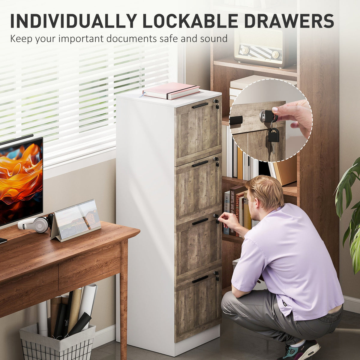 3 Drawer Filing Cabinet, Farmhouse File Cabinet with Lock, Adjustable Hanging Rails for A4 Letter Size Files, White