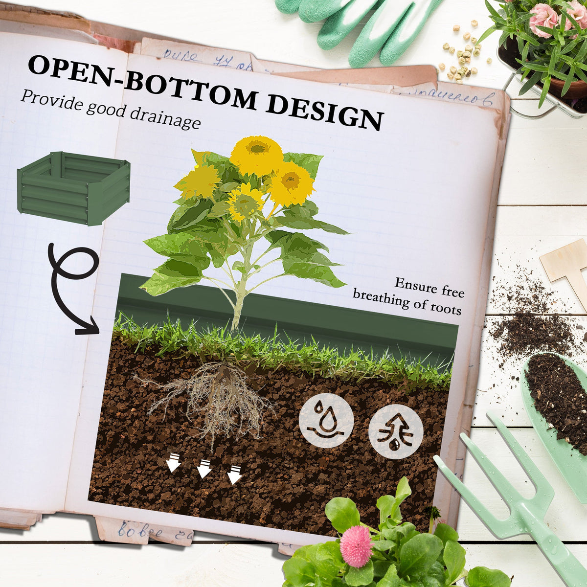 Galvanized Planter Box, Outdoor Raised Garden Bed with 3-Tier Trellis Tomato Cage for Climbing Vines, Vegetables, Brown