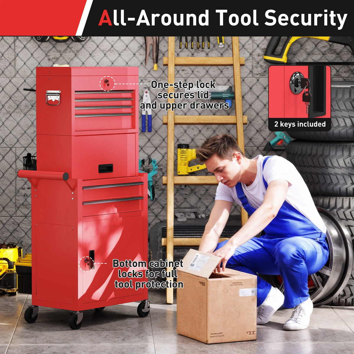 Large Tool Cabinet, 3-in-1 Rolling Tool Chest, Detachable Tool Storage Organizer with 6 Drawers and Pegboard, Black