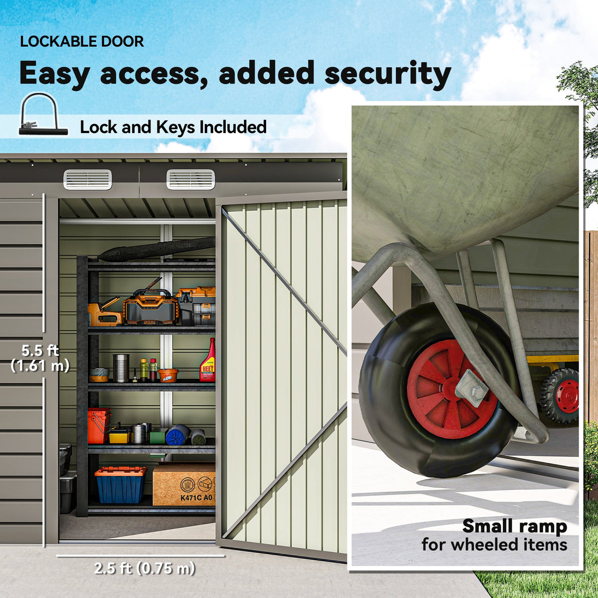 6 x 4FT Galvanized Garden Storage Shed, Metal Outdoor Shed with Double Doors and 2 Vents, Grey