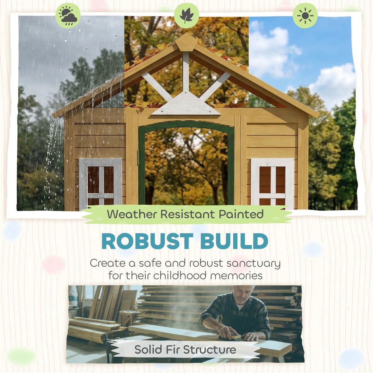 Outdoor Playhouse, Wooden Kids Playhouse with Door, 3 Windows, 2 Flower Boxes for Garden, Indoor Playroom, Ages 3–8