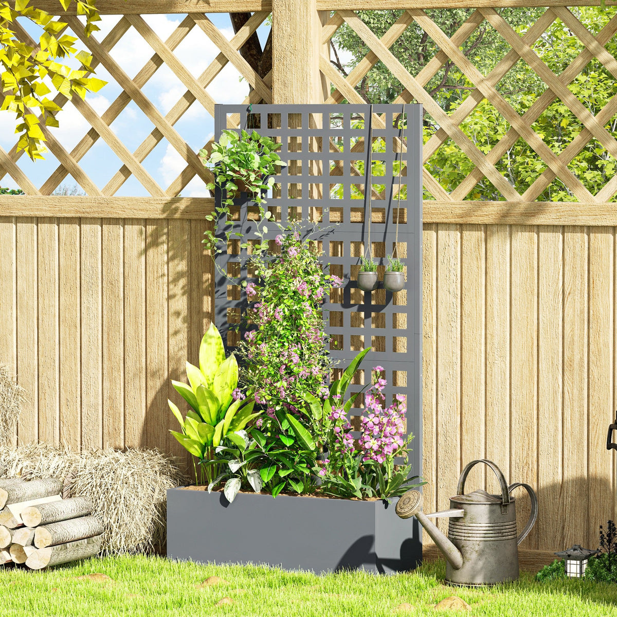 Galvanized Raised Garden Bed Planter Box with Trellis for Climbing Plants, Vegetable, Vines, 35" x 16" x 70", Black