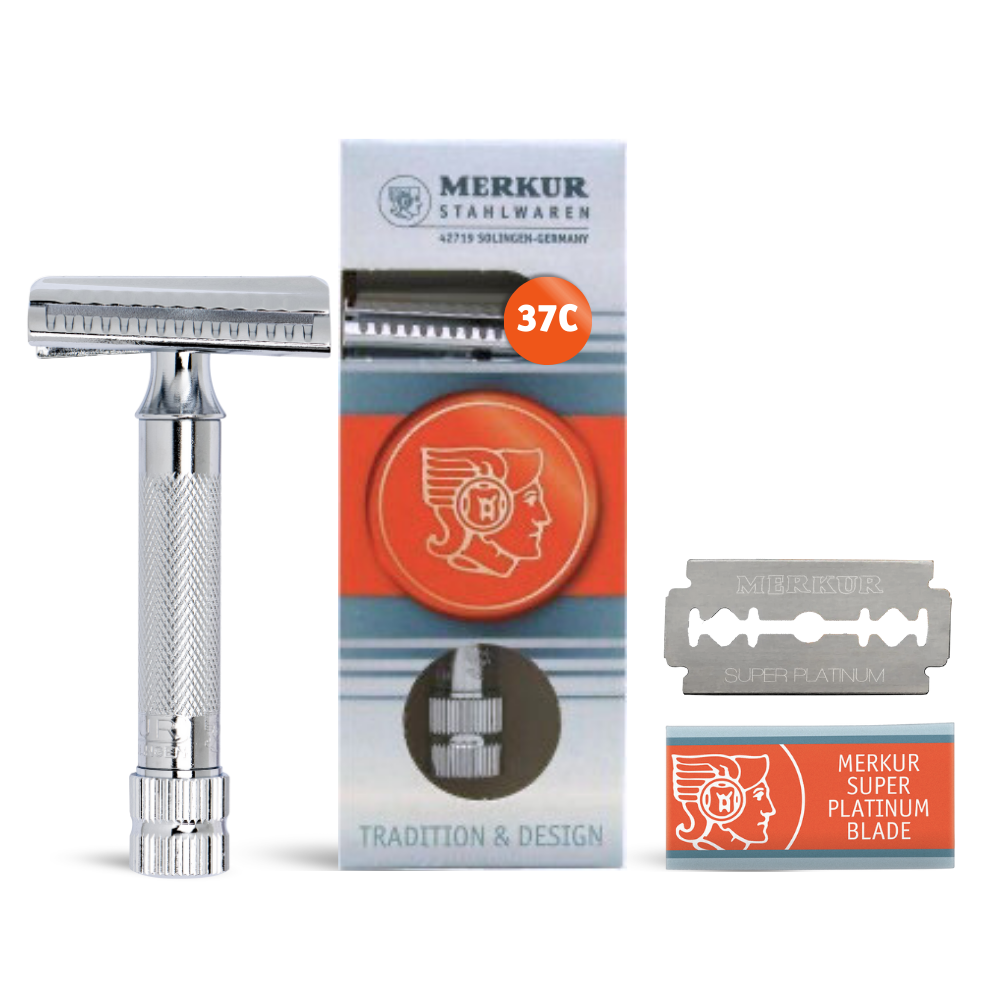 Merkur 37C 2-Piece DE Safety Razor, Slantbar Comb, Knurled Extra Thick Handle (HD), Chrome